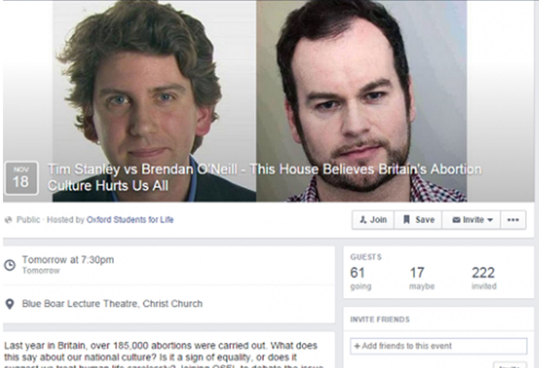 A screenshot of the debate's event page on Facebook