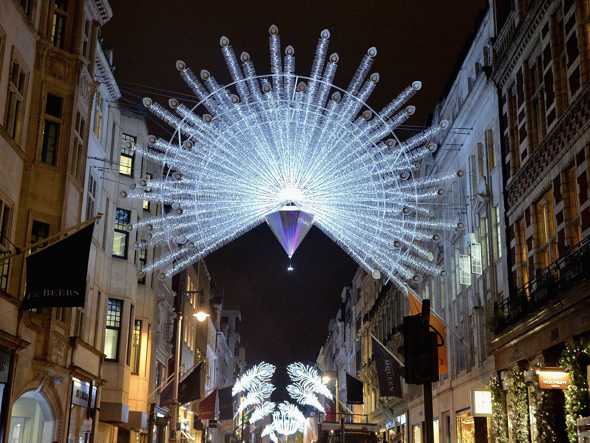 A general view of Bond Street's spectacular christmas illuminations on November 13, 2014 in London, England.