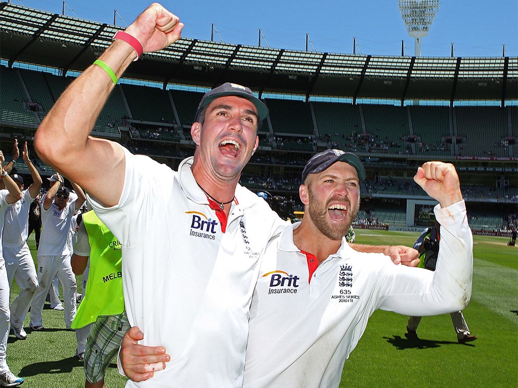 Matt Prior (right) and Kevin Pietersen celebrate retaining the Ashes in Melbourne in 2010