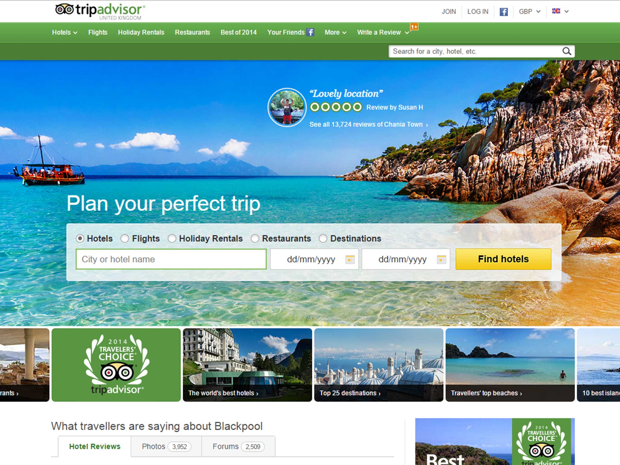 A still from Trip Advisor's homepage