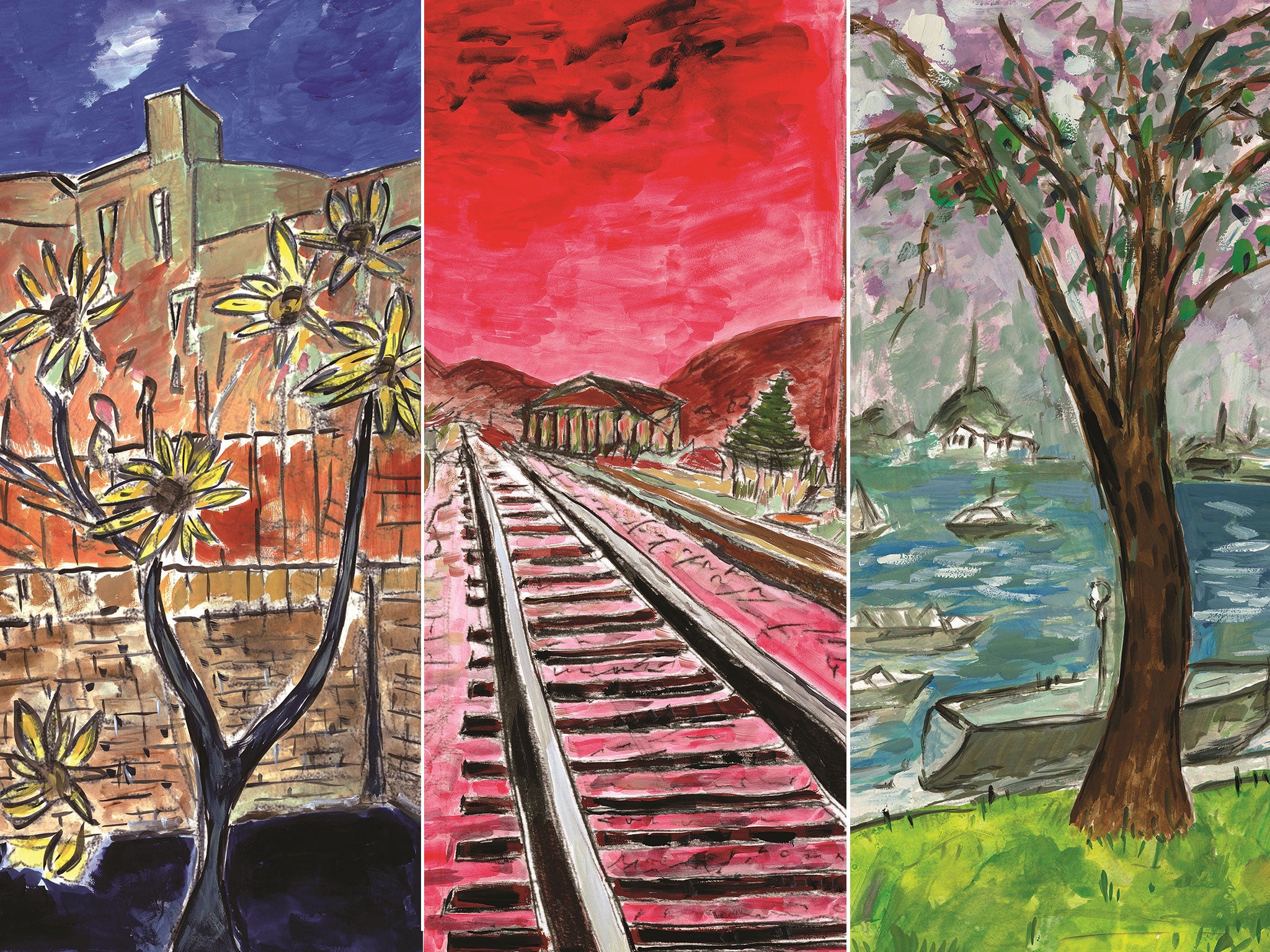 Glimpses of three paintings in Bob Dylan's Drawn Blank Series collection