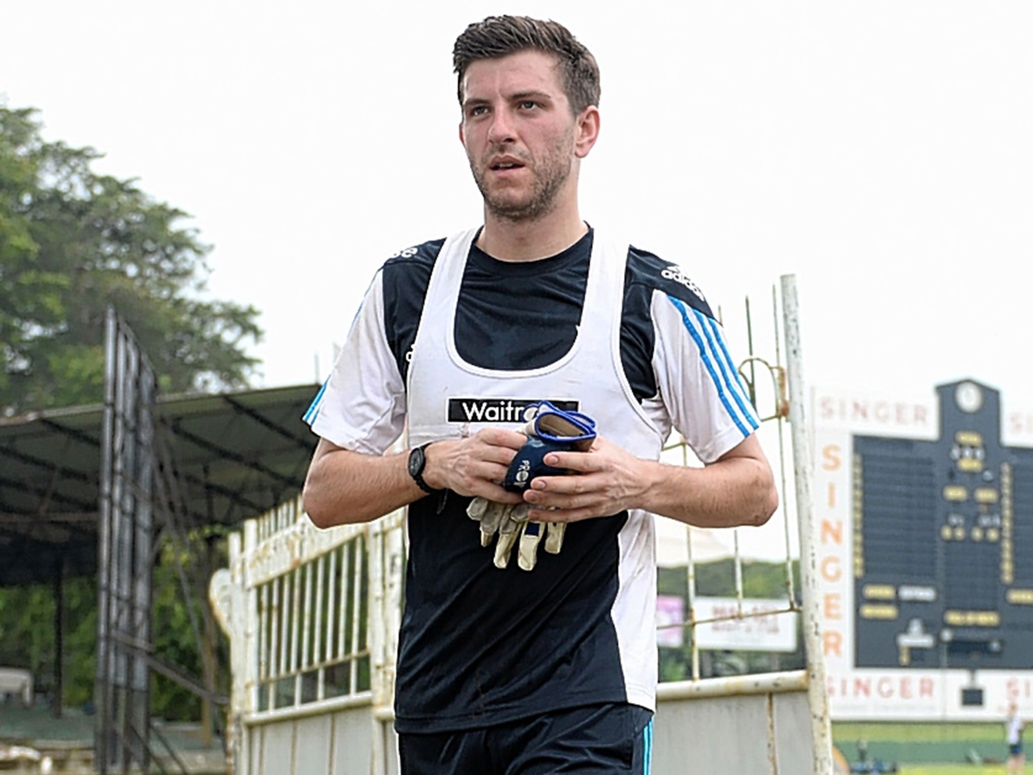 Harry Gurney walks to an England nets session at the Sinhalese Sports Club in Colombo