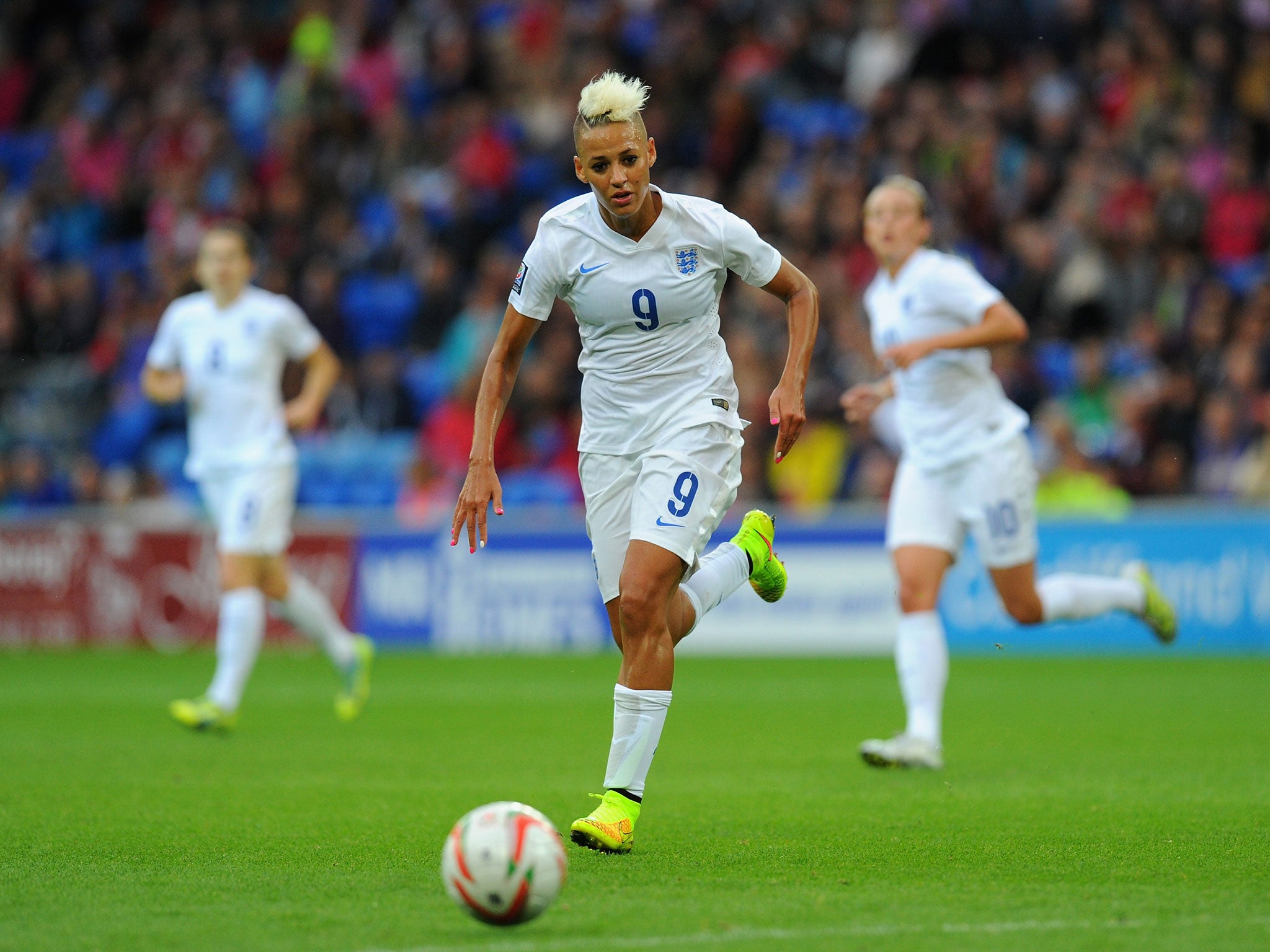 England forward Lianne Sanderson in action during the FIFA 2015 Women's World Cup Group 6 Qualifier between Wales and England at Cardiff City Stadium on August 21