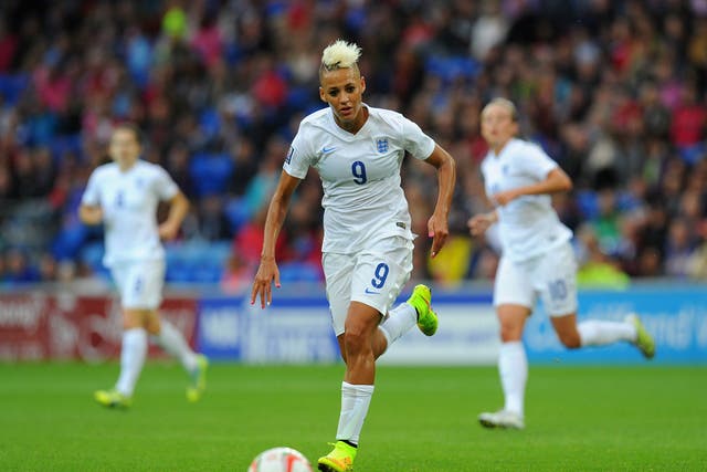 England forward Lianne Sanderson in action during the FIFA 2015 Women's World Cup Group 6 Qualifier between Wales and England at Cardiff City Stadium on August 21