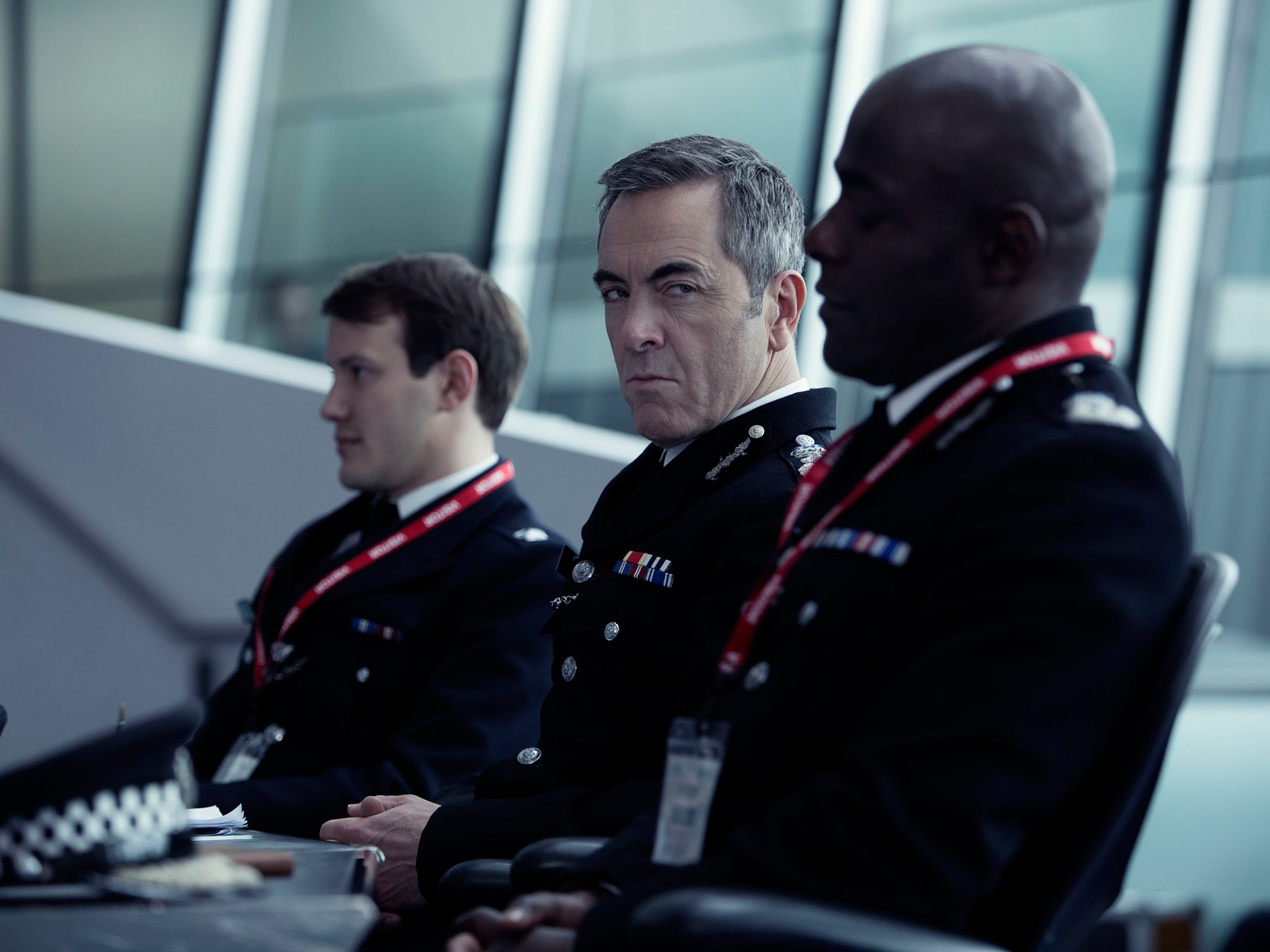 James Nesbitt (centre) as the steely Met Commisioner Richard Miller