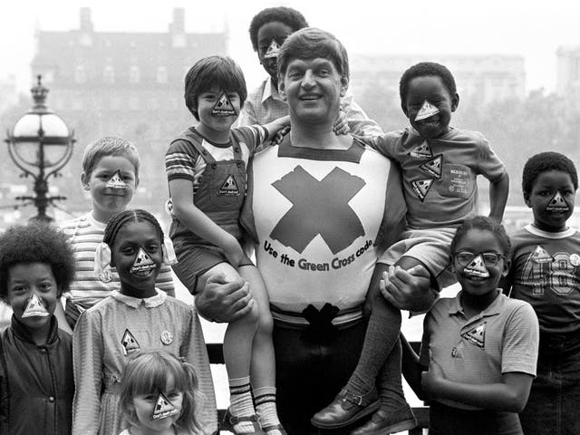 Actor Dave Prowse in his role as the Green Cross Code Man in 1982