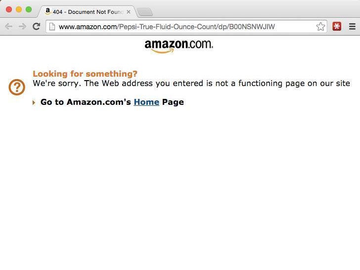 The page users saw when they tried to search for Pepsi True Fluid on Amazon.com