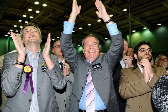 Nigel Farage and members of the UKIP team celebrate after Mark Reckless won the Rochester and Strood by-election at Medway Park, Gillingham near Rochester, Kent 