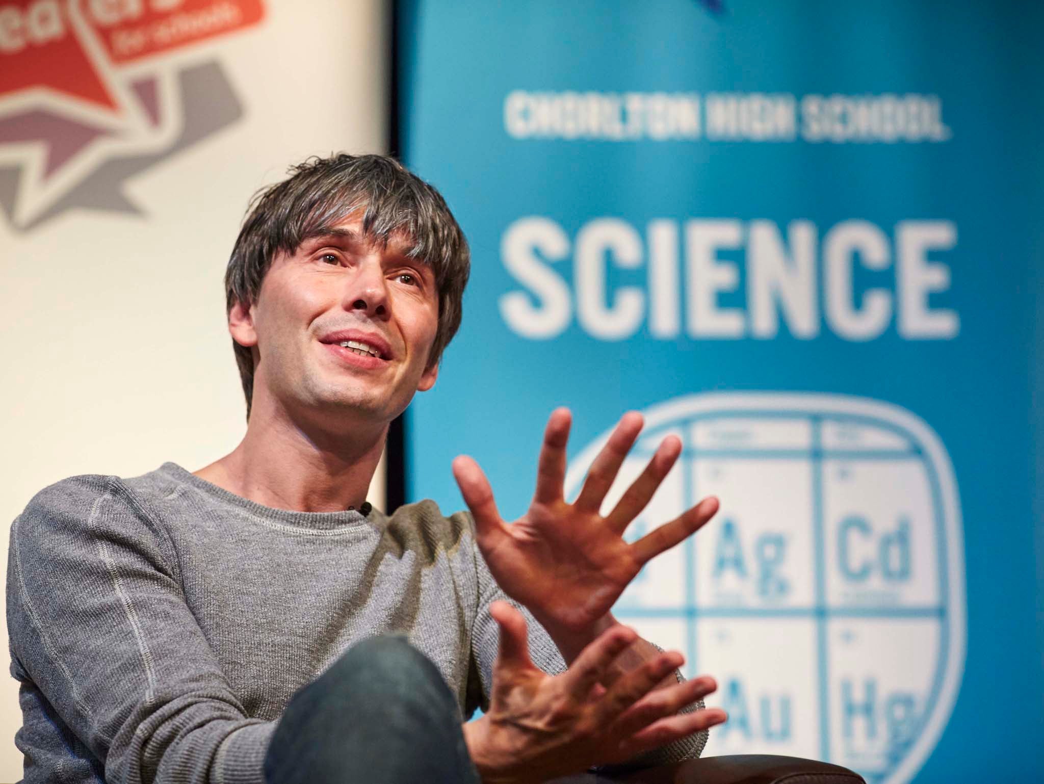 Professor Brian Cox speaking after a talk on the future of scientific discovery in Manchester