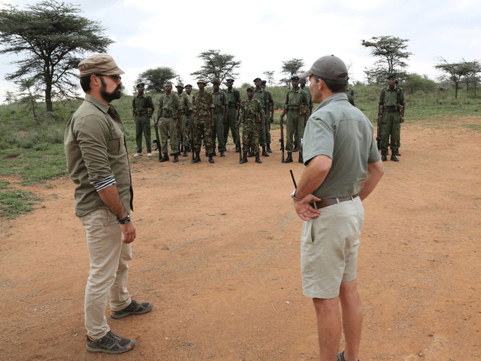 Space for Giants’ work has cut the number of elephants killed by poachers by 80 per cent in its conservation area; Evgeny Lebedev (left) meets an anti-poaching unit paid for by the appeal (Getty)
