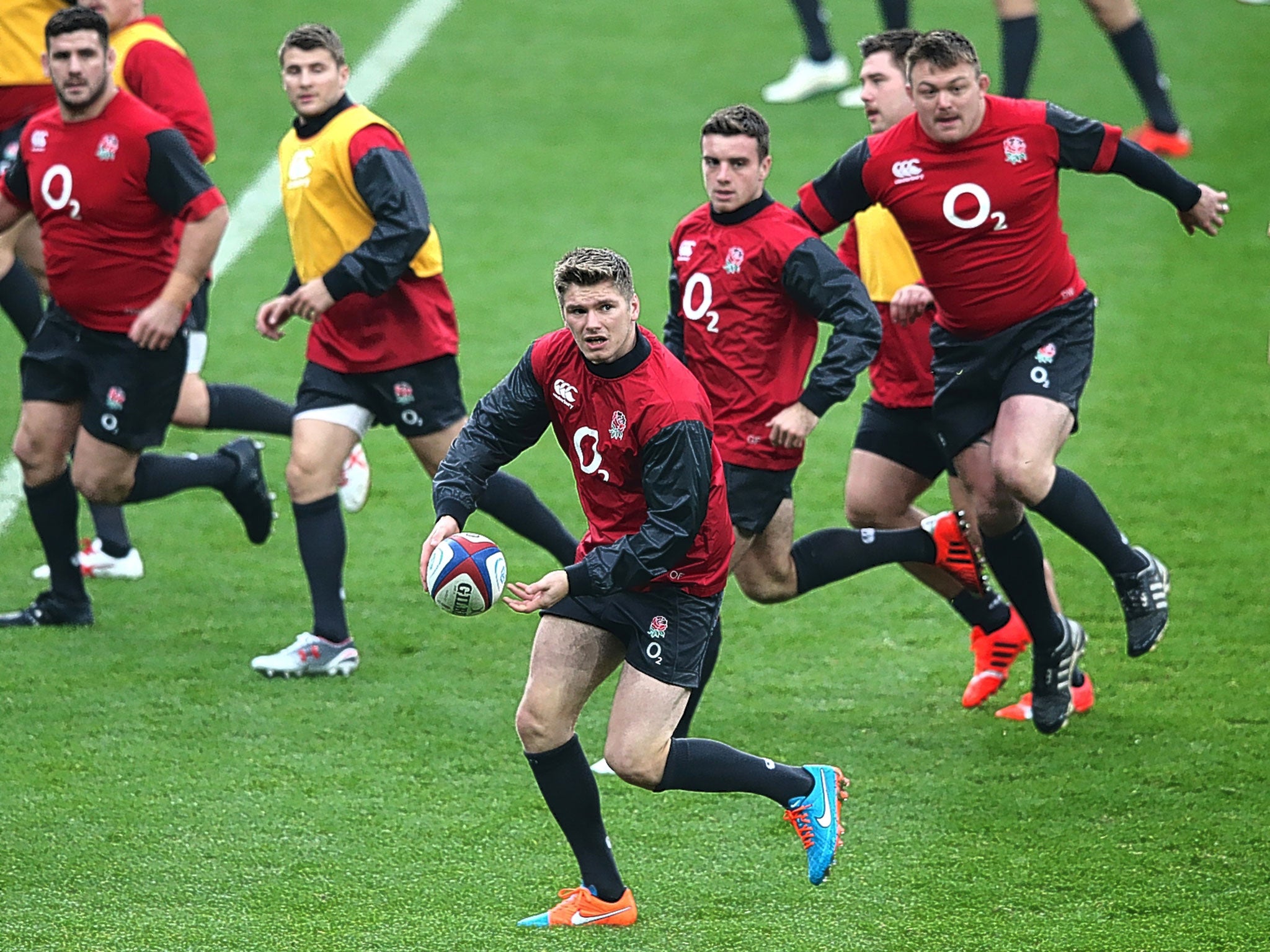 Owen Farrell in action during the England captain’s run at Twickenham on Friday