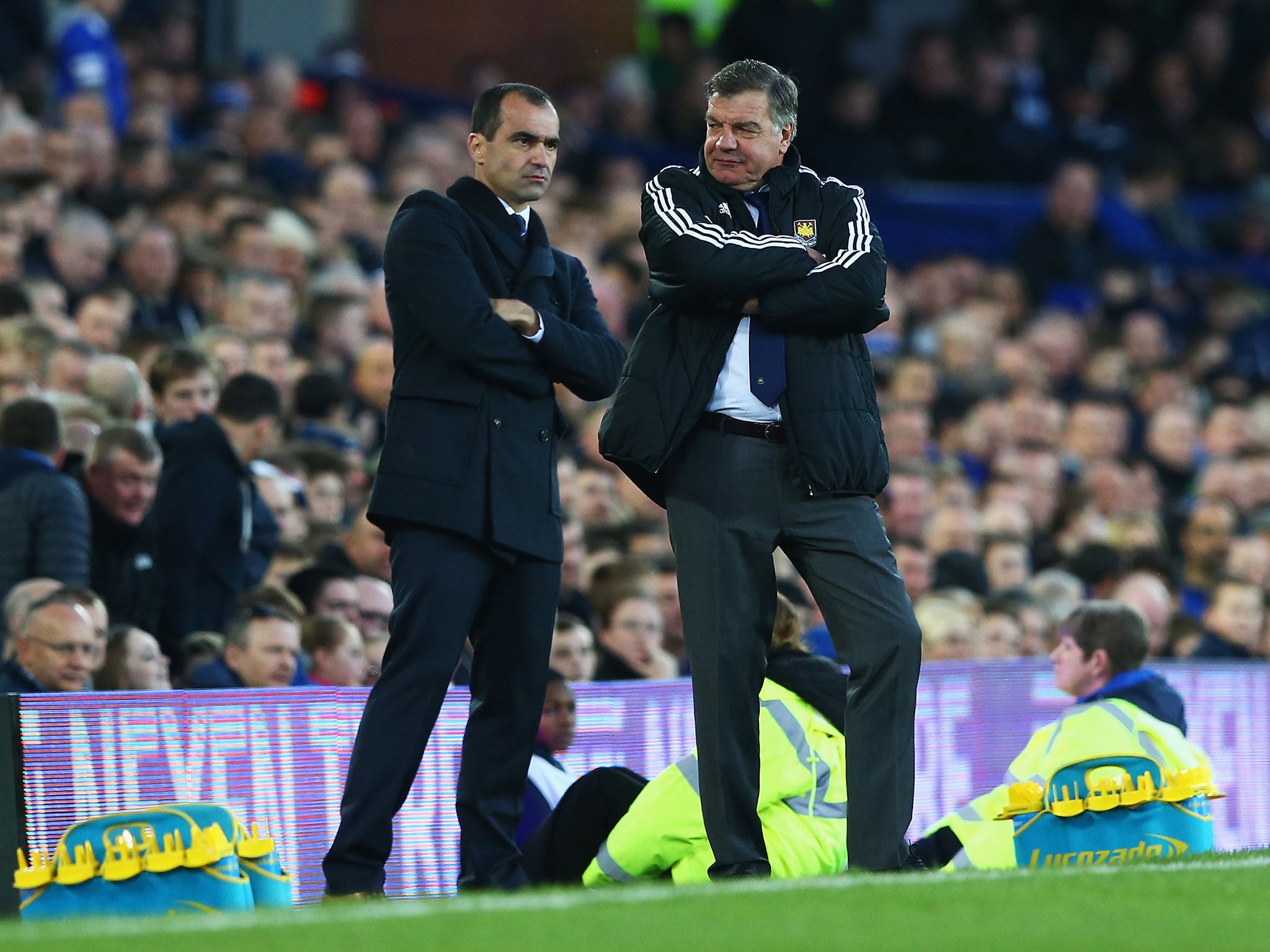 Sam Allardyce and Roberto Martinez watch the action at Goodison Park