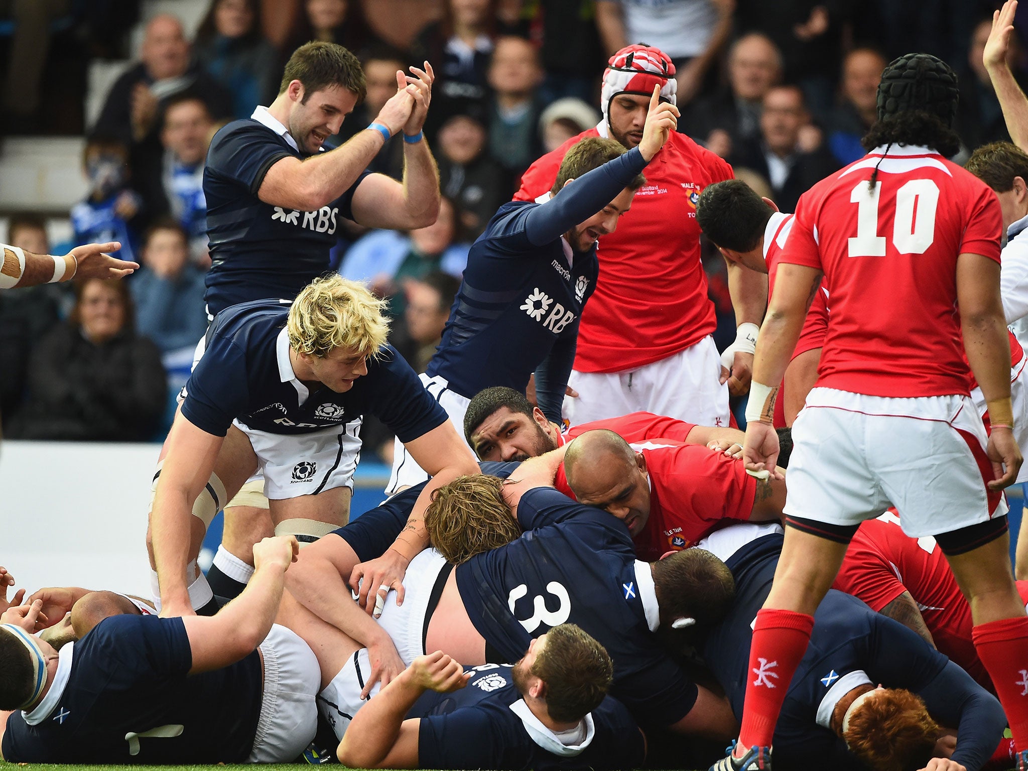 Scotland players celebrate as Blair Cowan crosses the line