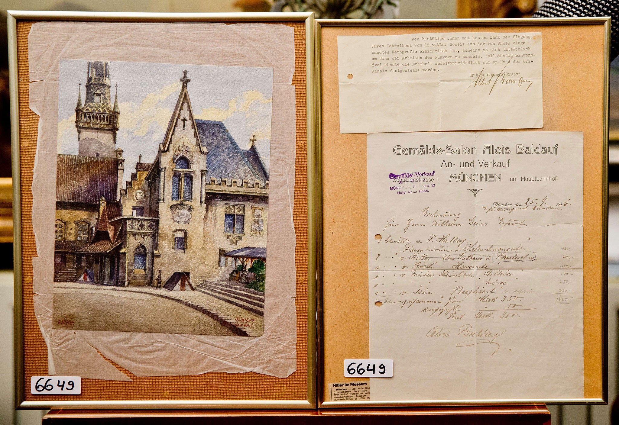 Adolf Hitler's 1914 watercolour 'Altes Rathaus' and the original invoice from 1916