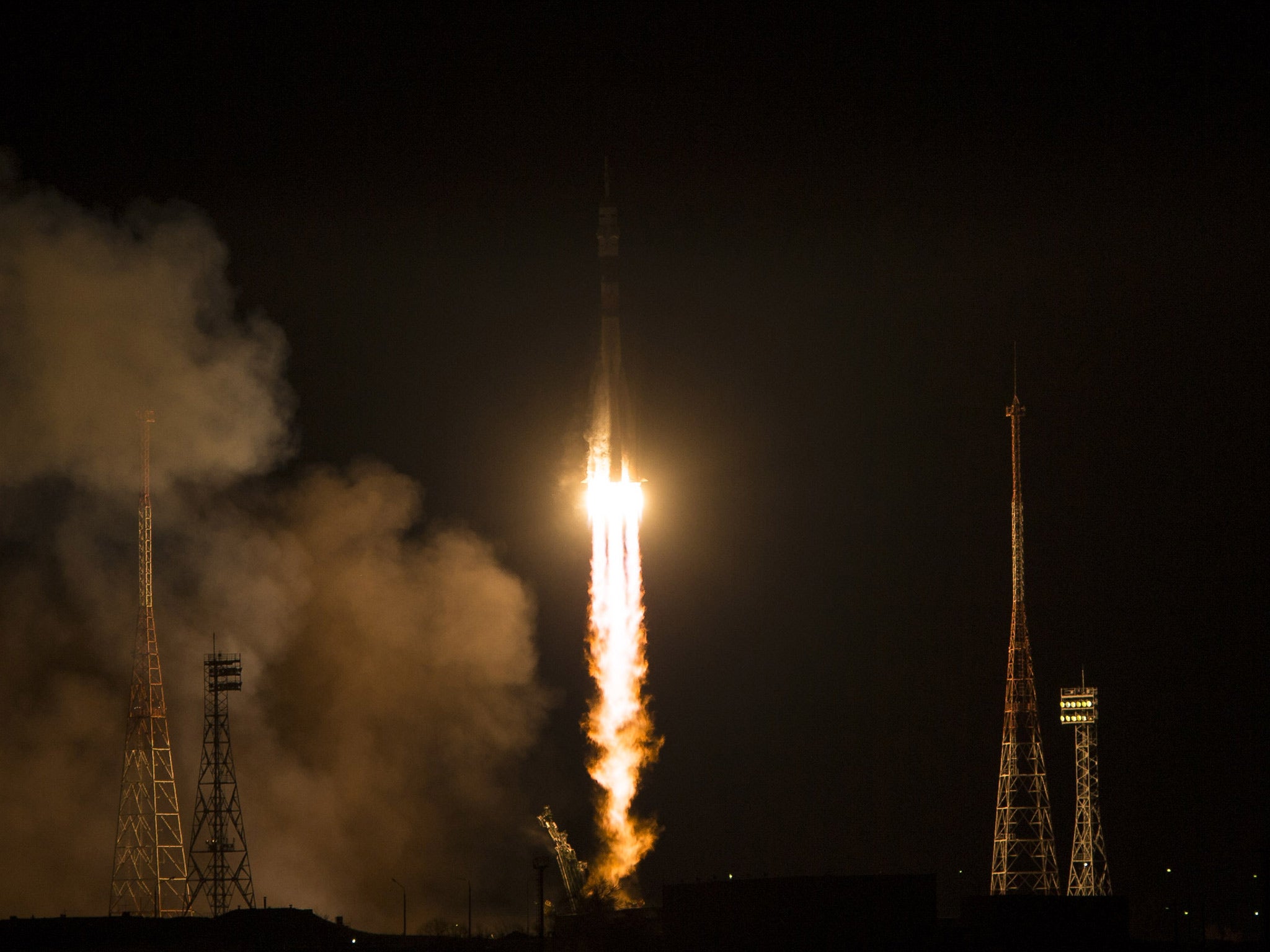 The Soyuz rocket launches from the Baikonur Cosmodrome in Kazakhstan on Monday morning. Source: NASA/Aubrey Gemignani