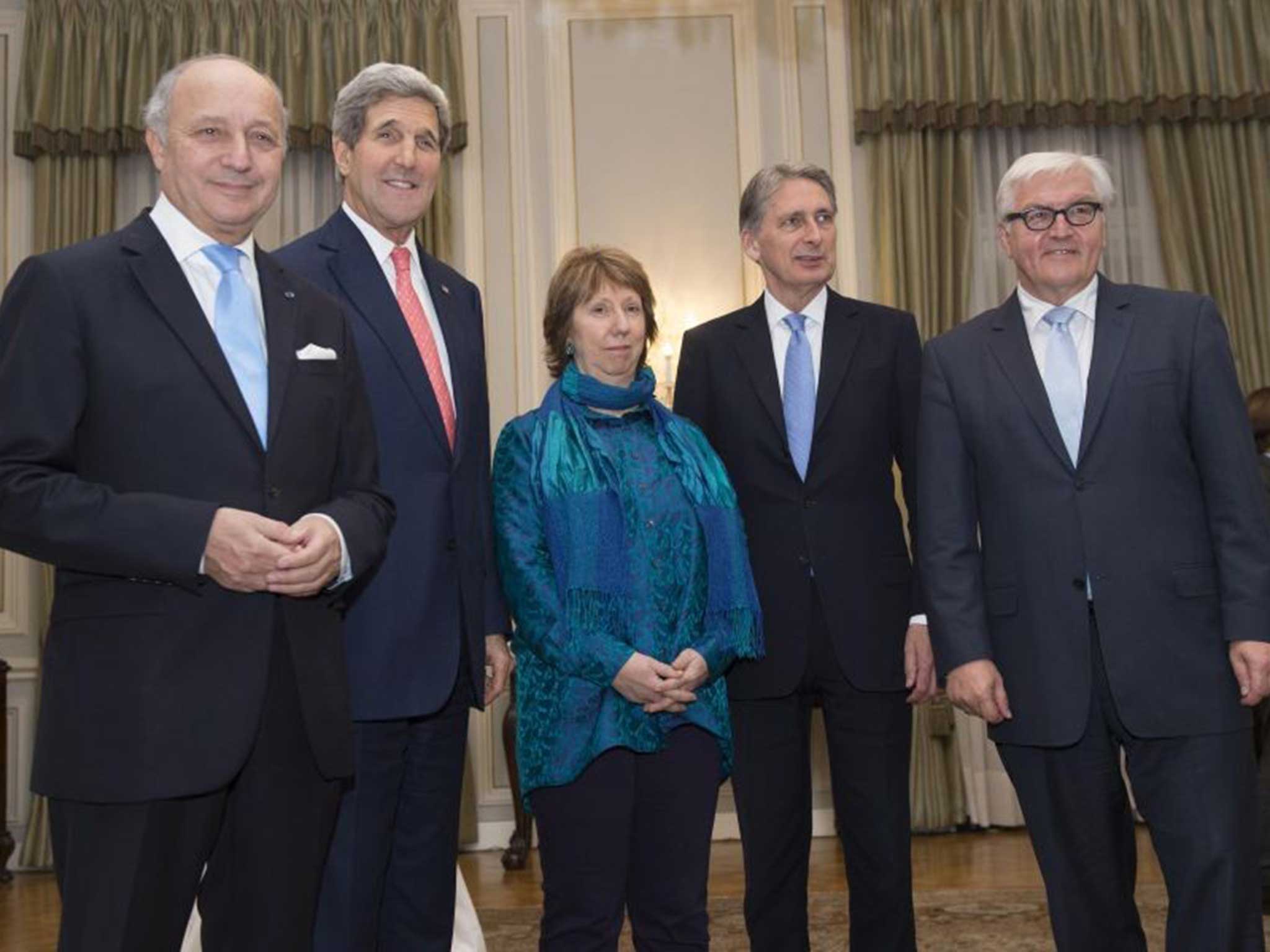 French Foreign Minister Laurent Fabius, US State Secretary John Kerry, former European Union (EU) foreign policy chief Catherine Ashton, British Foreign Secretary Philip Hammond and German Foreign Minister Frank-Walter Steinmeier (L-R)
