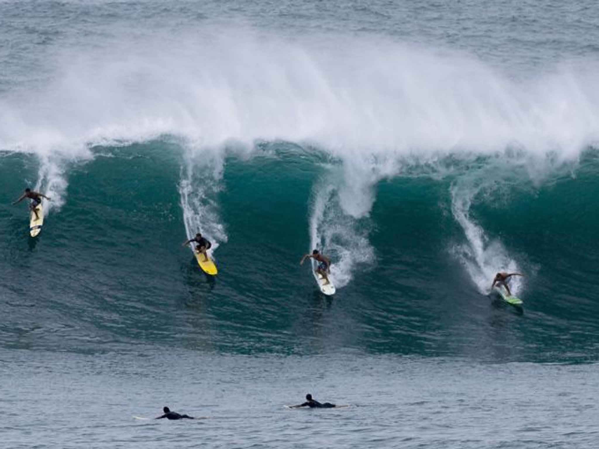 Surfers ride a wave