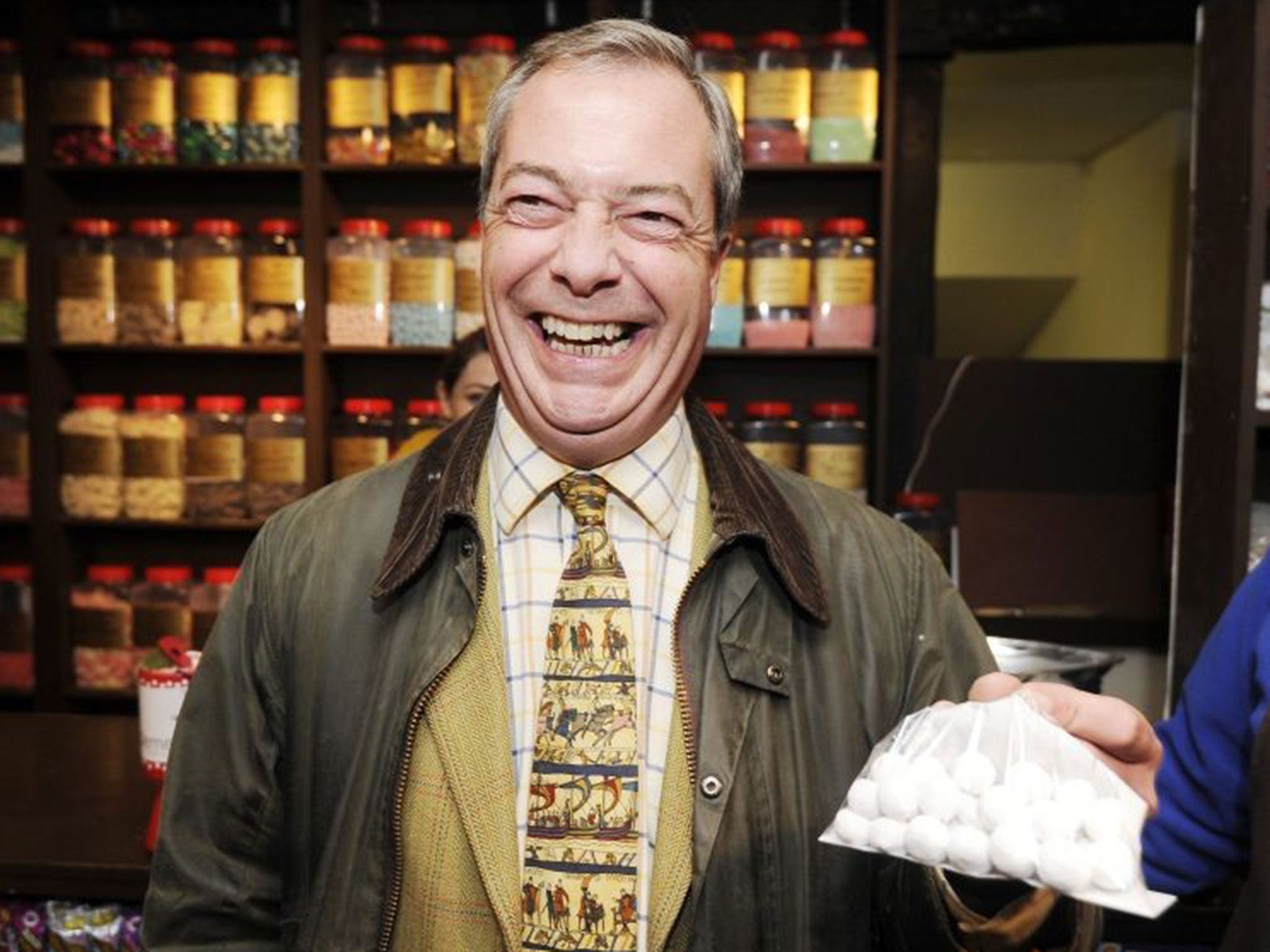 Nigel Farage sporting his Bayeux Tapestry tie in Rochester