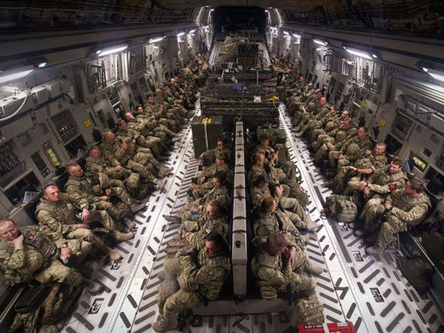 British military personnel aboard an RAF C-17 Globemaster flying home from Afghanistan. Not all find the future they hope for – as our campaign will demonstrate