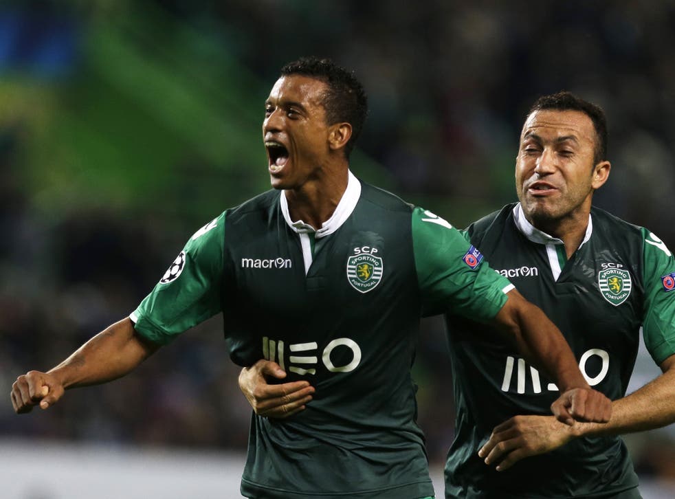 Nani celebrates after scoring for Sporting Lisbon in their
Champions League tie against Maribor on Tuesday