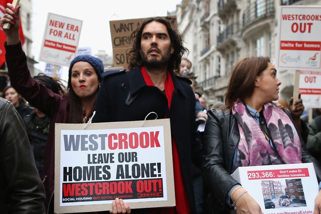 Comedian Russell Brand joins residents and supporters from the New Era housing estate in East London as they deliver a petition to 10 Downing Street during a demonstration against US investment company Westbrook's plans to evict 93 families in London 
