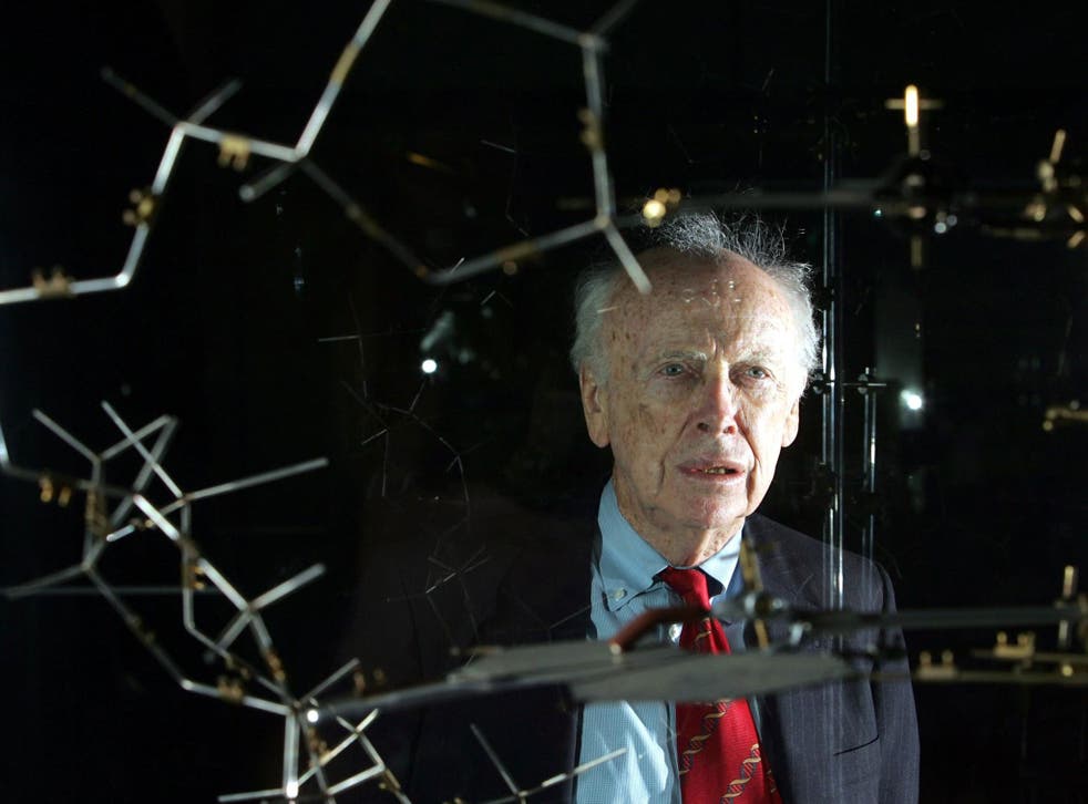 Dr. James Watson with the original DNA model ahead of a press conference at the Science museum in London in 2005