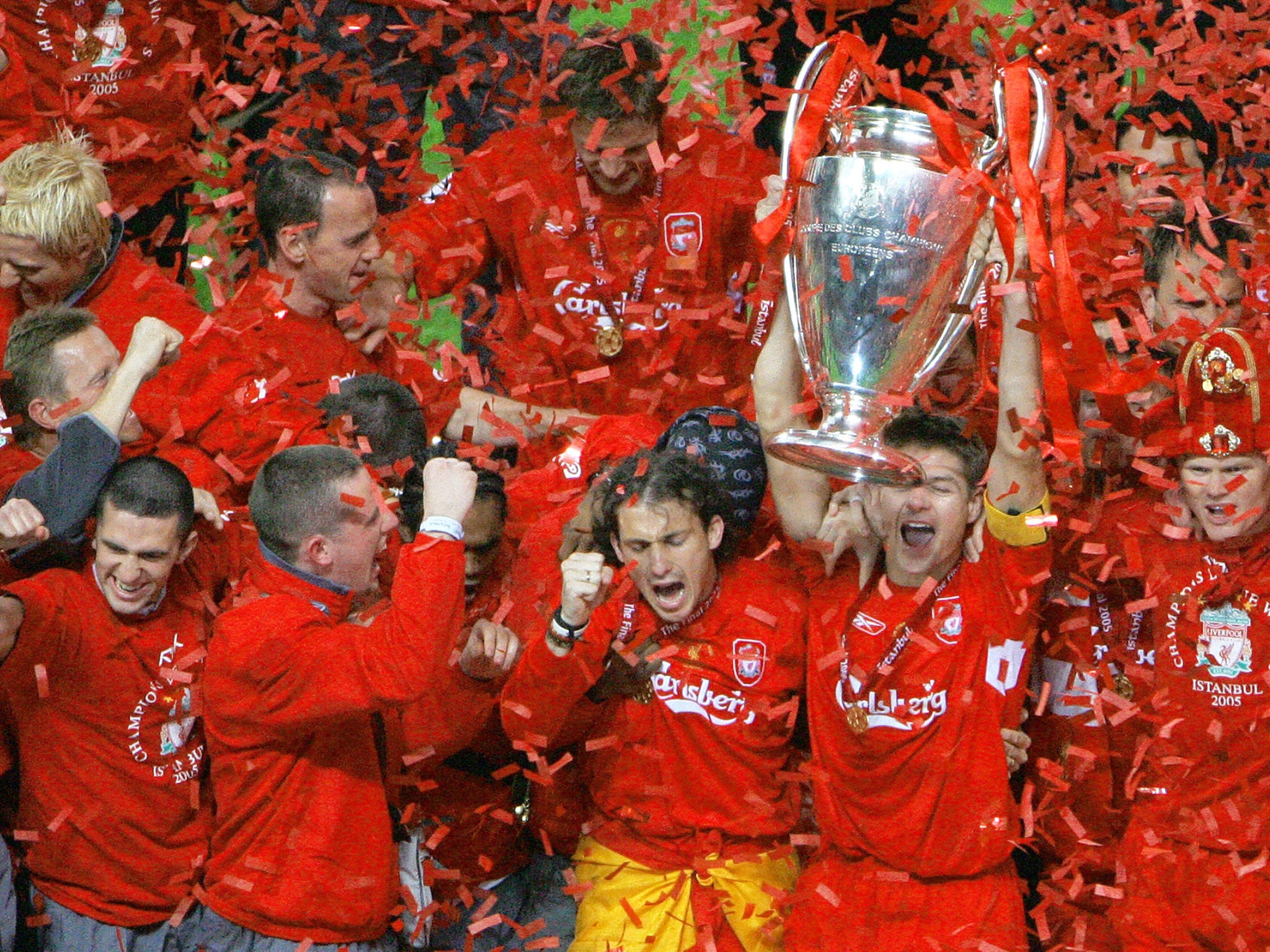 David Mannix (bottom left) after Liverpool’s 2005 Champions League victory