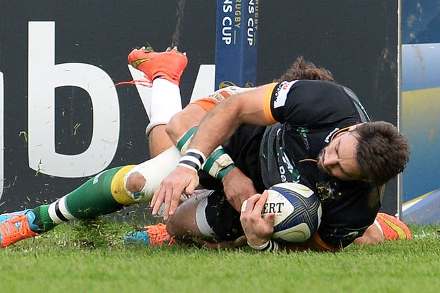 Ben Foden touches down to scores Northampton's third try against Treviso