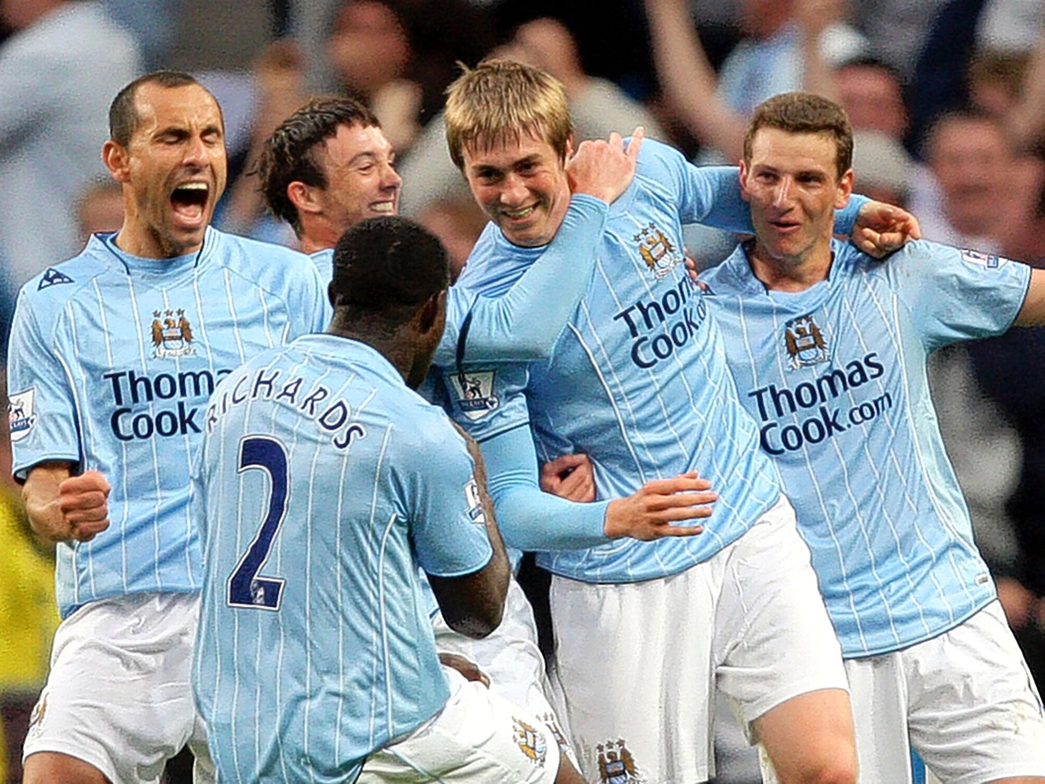 Michael Johnson (second right), one of City’s lost generation, after scoring against Derby in 2007