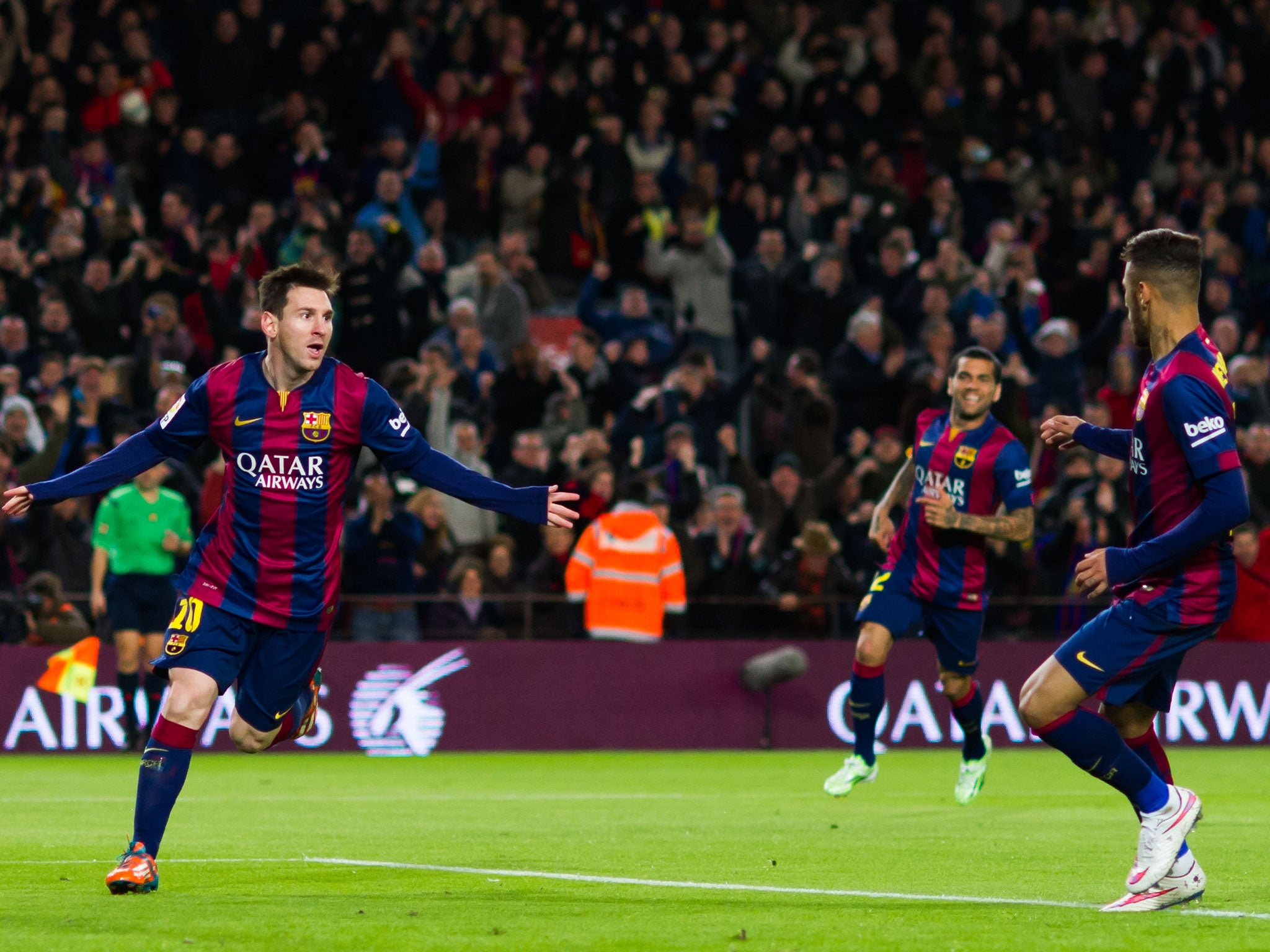 Messi celebrates his second goal of the night