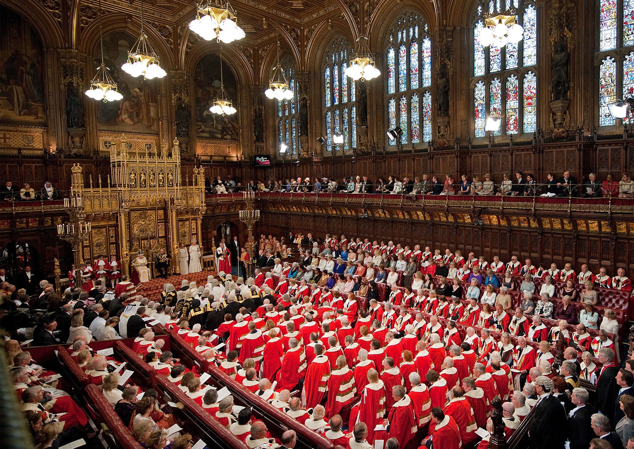 A general view of the chamber as Britain's Queen Elizabeth II addresses the House of Lords