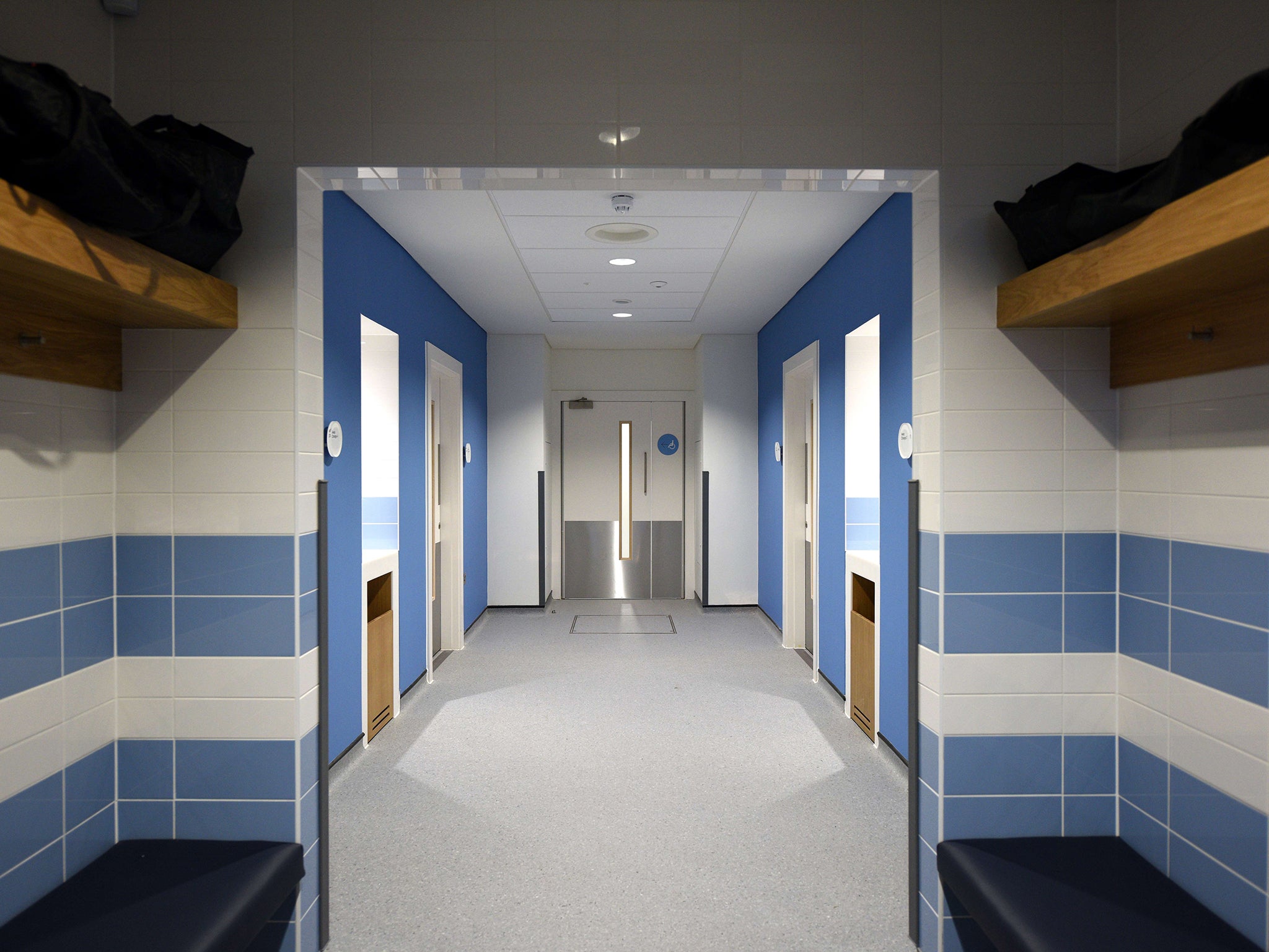 Changing rooms in the performance centre of the newly opened City Football Academy in Manchester