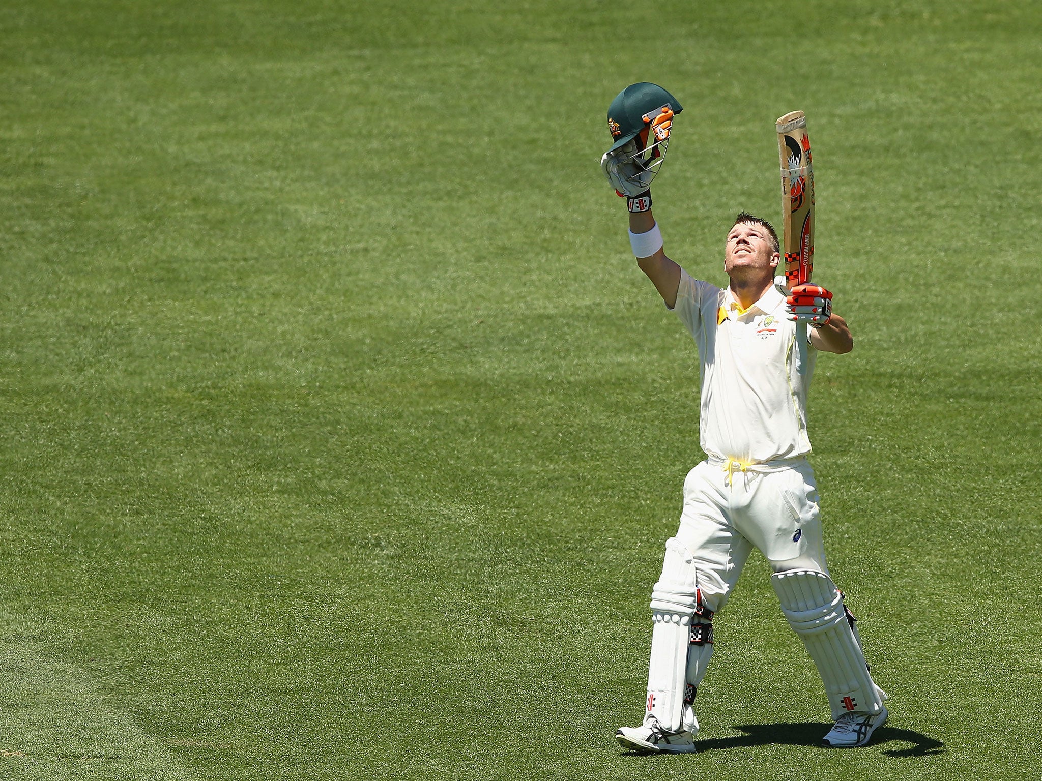 David Warner points to the sky to pay tribute to Phillip Hughes