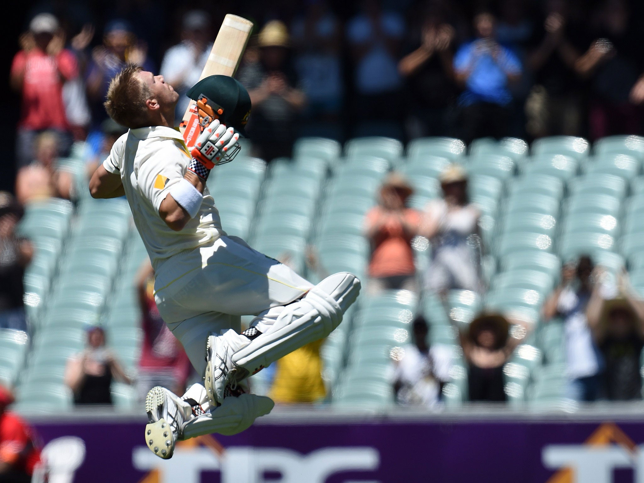 David Warner leaps for joy after reaching his century