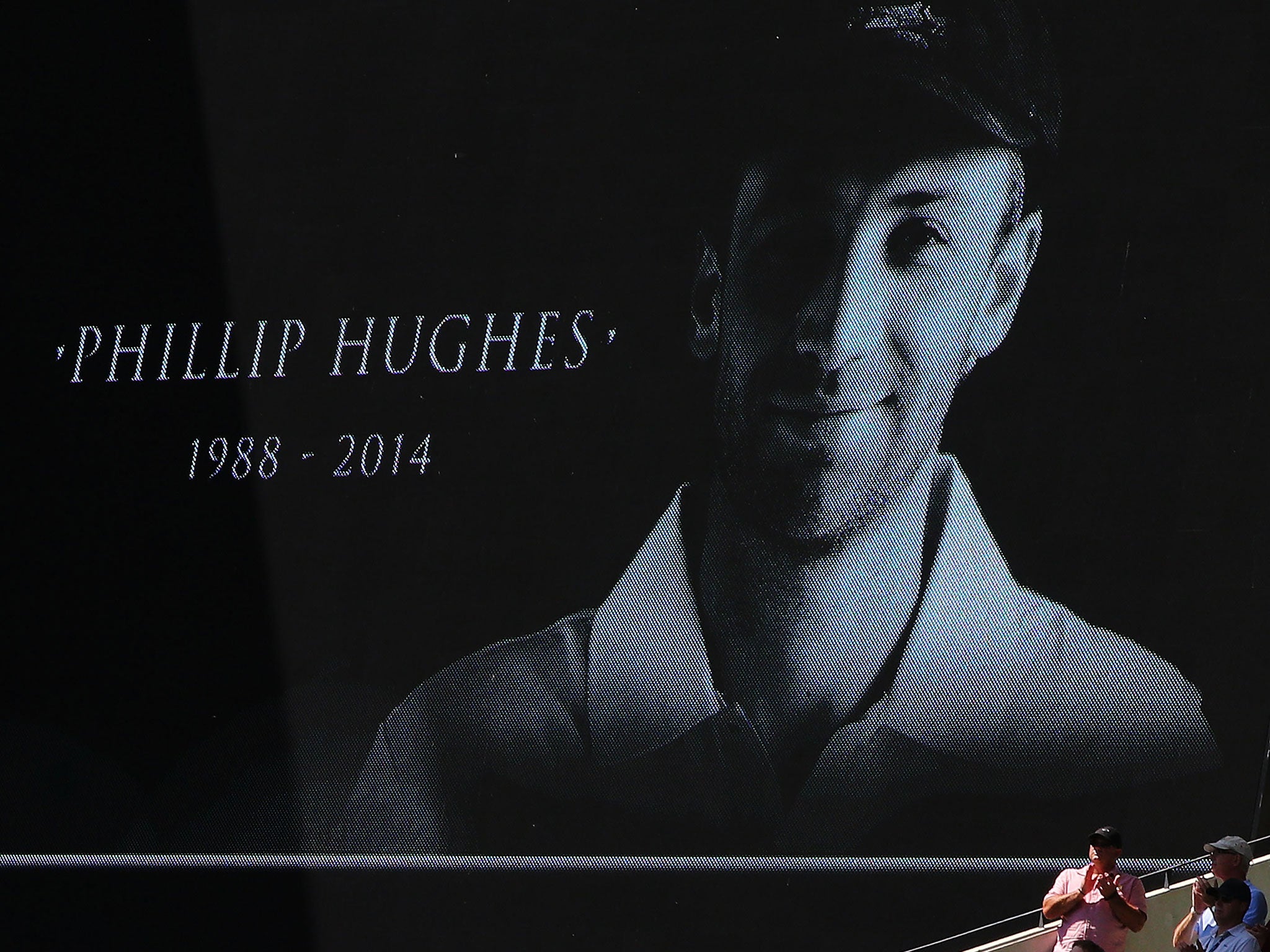 A message in memory of Phillip Hughes appears on the big screen at the Adelaide Oval