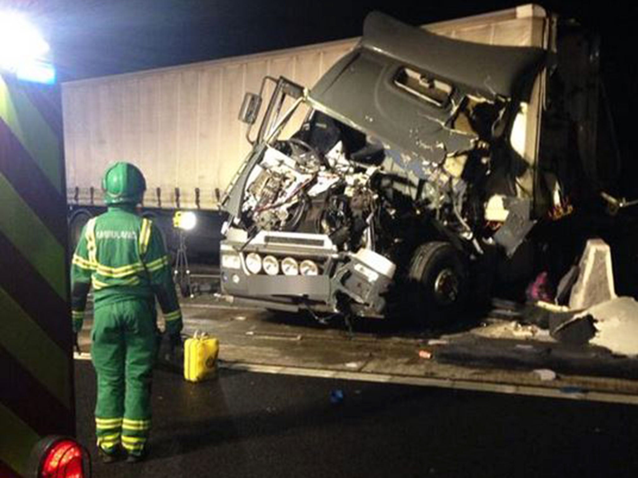 A lorry crash on the M25 at 1.50am on 9 December, which has killed one person and injured three others after the vehicle crossed through the central reservation, closing the motorway in both directions between junctions 25 and 27