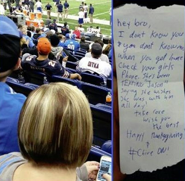 Football fan spots woman text cheating at a game, lets husband know in polite note The Independent The Independent