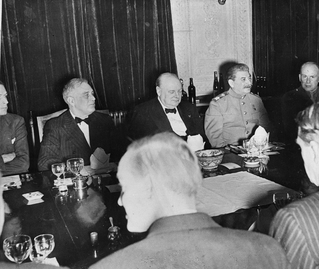 Franklin Delano Roosevelt, Winston Churchill and Joseph Stalin at a private dinner party to celebrate Churchill's 69th birthday