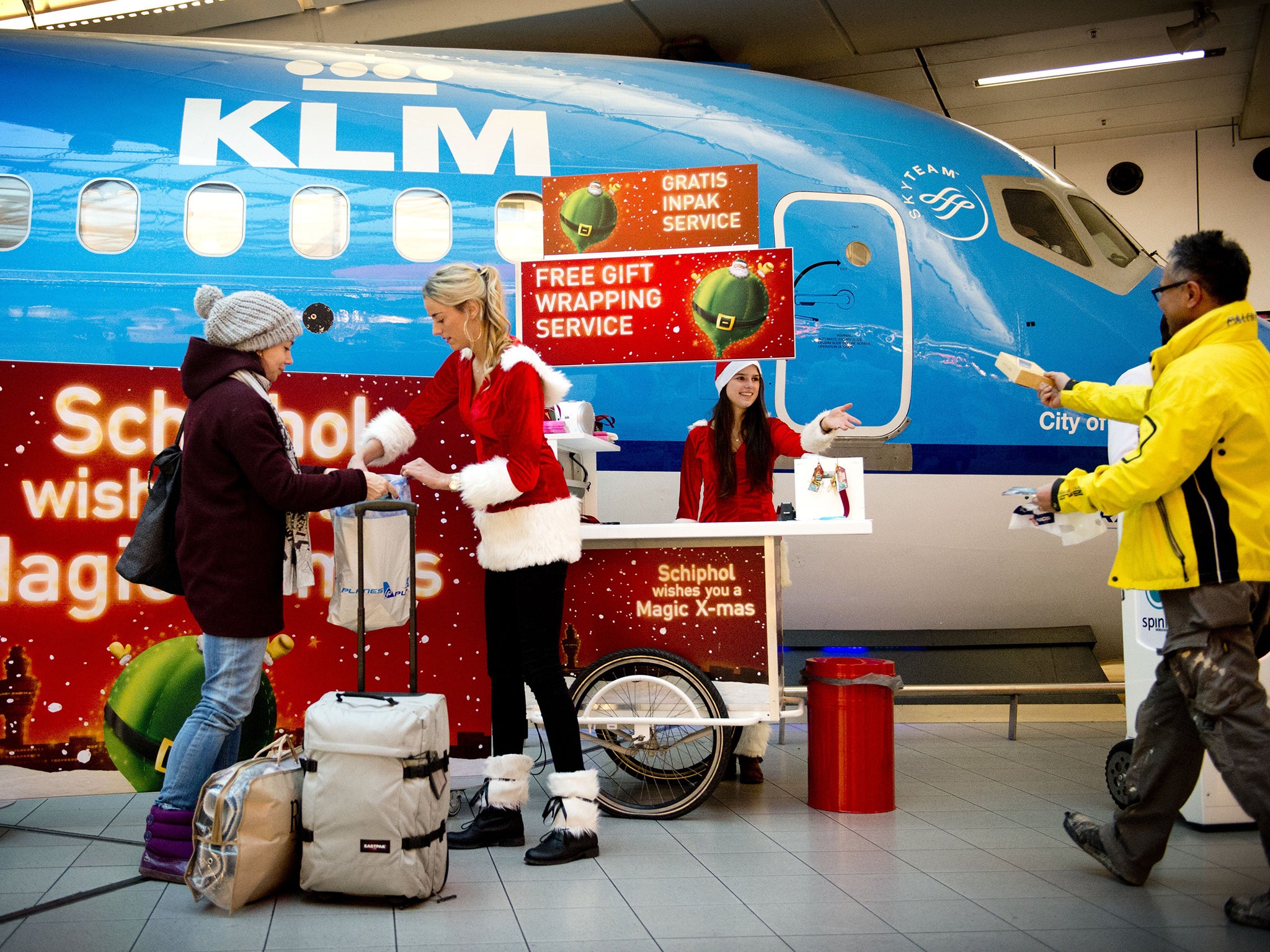 Gift wrapping service is offered at Amsterdam Airport Schiphol, in Schiphol, the Netherlands.