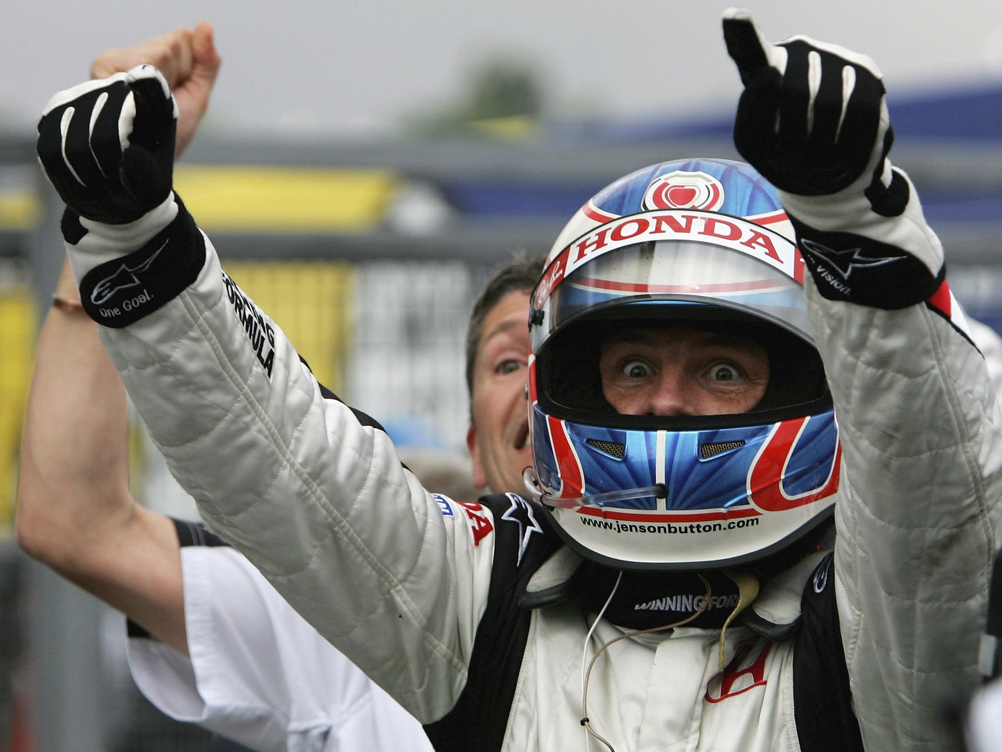 Button celebrates his first ever victory in the 2006 Hungarian Grand Prix