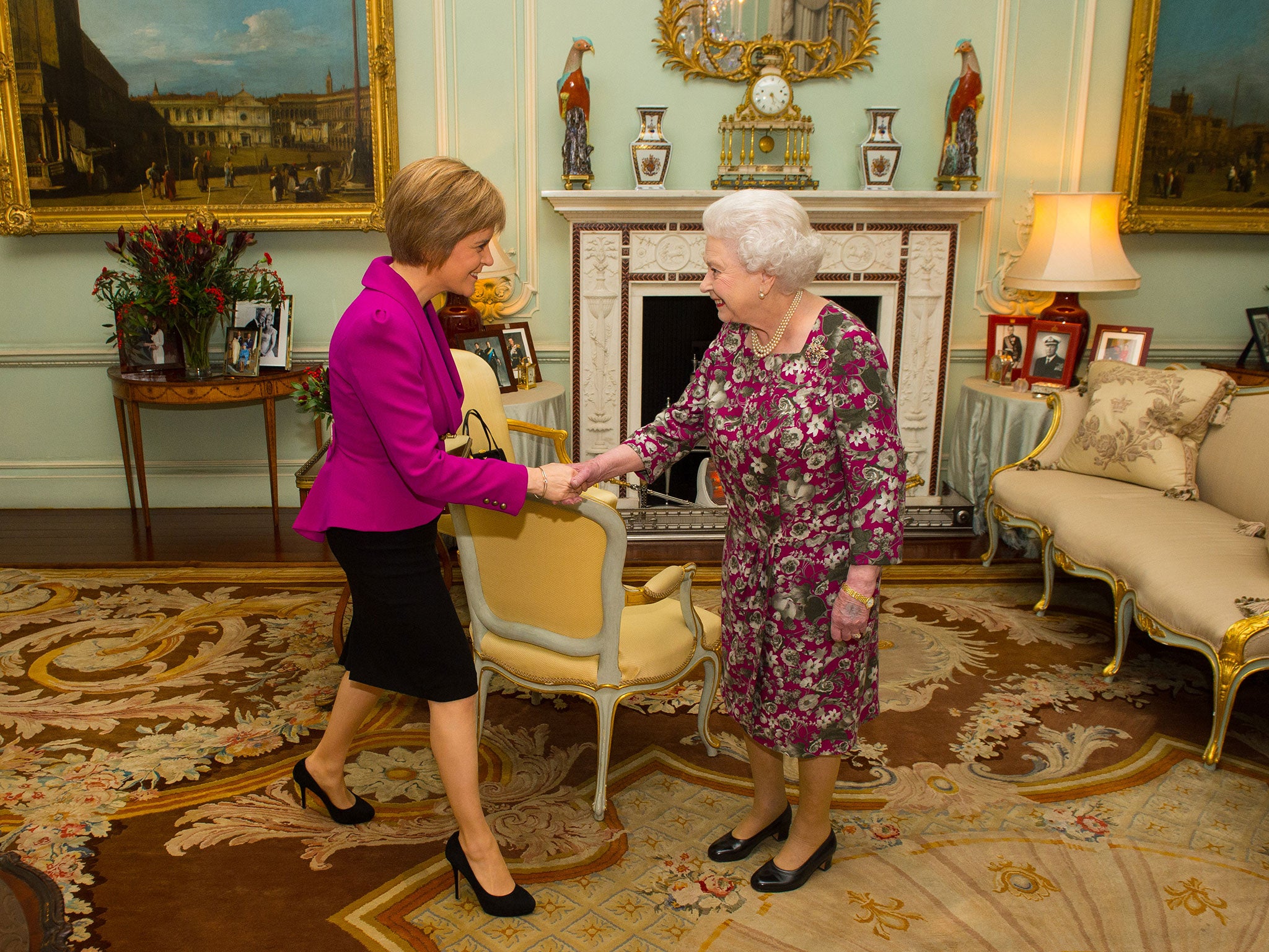 Queen Elizabeth II (R) holds an audience with the First Minister of Scotland Nicola Sturgeon at Buckingham Palace in London
