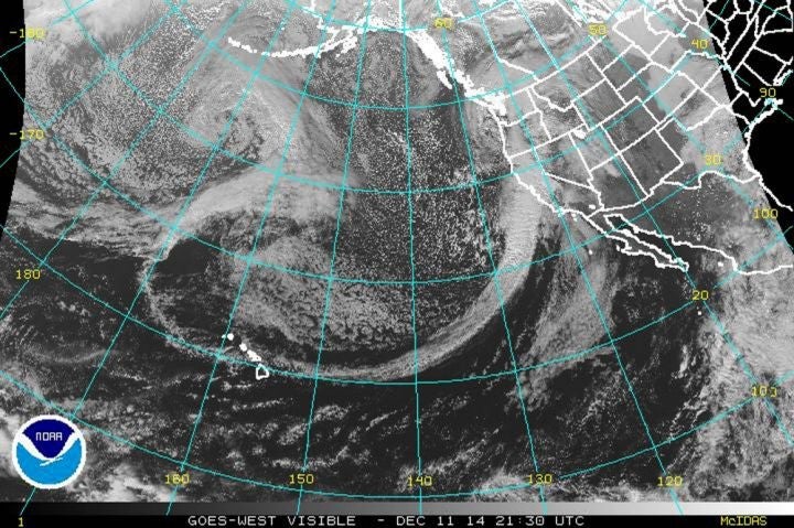 The "Pineapple Express," a storm front extending from west of Hawaii and aimed directly at California