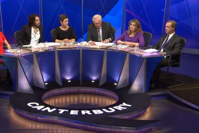 Russell Brand, second from left, described Nigel Farage, far right, as a 'poundshop Enoch Powell' on Question Time