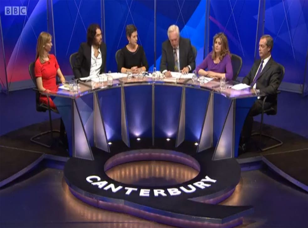 Russell Brand, second from left, described Nigel Farage, far right, as a 'poundshop Enoch Powell' on Question Time