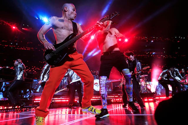 The Red Hot Chili Peppers perform during the Pepsi Super Bowl XLVIII Halftime Show at MetLife Stadium on February 2, 2014 in East Rutherford, New Jersey.  (Photo by Jamie Squire/Getty Images)