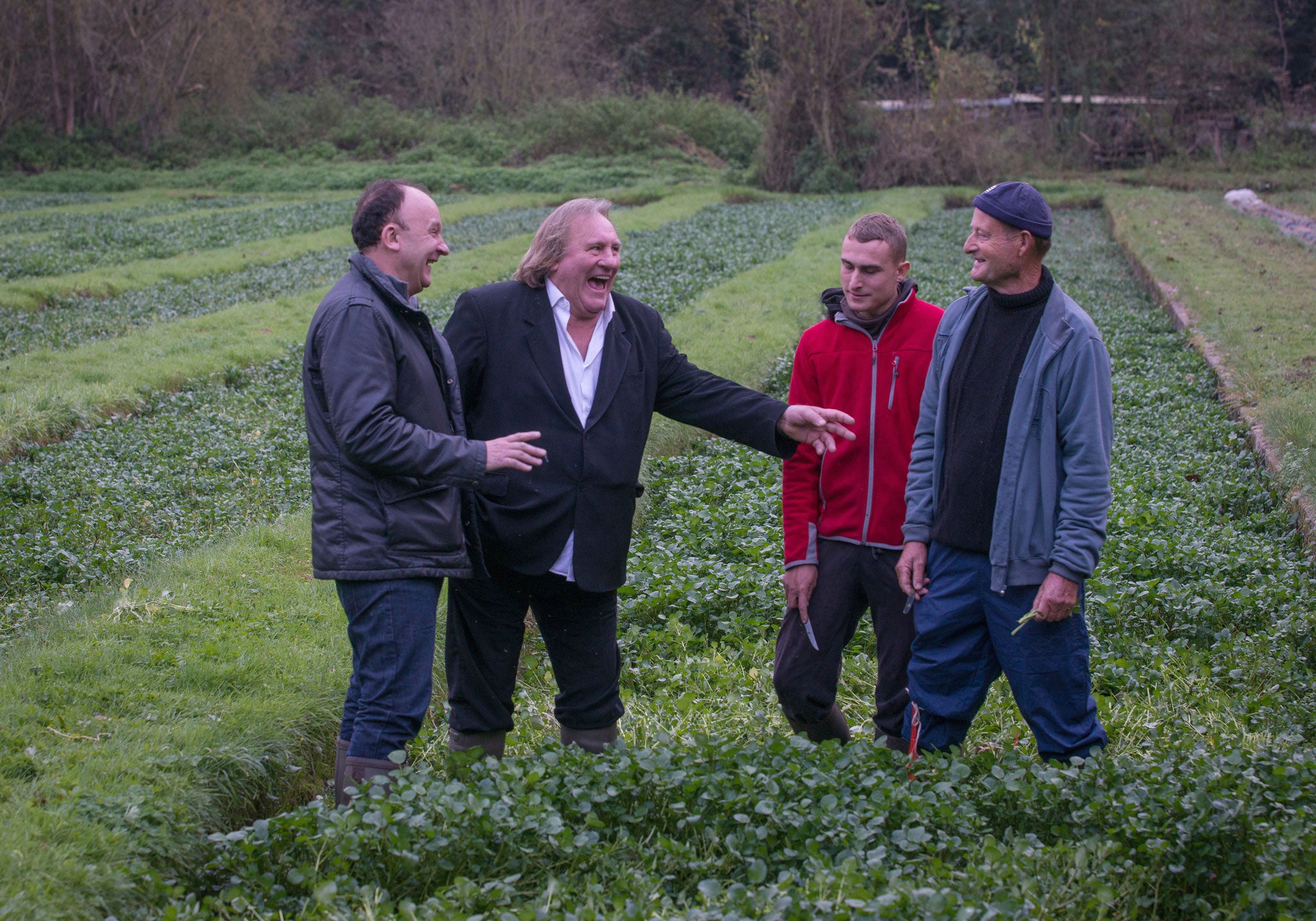 Laurent Audiot and Gérard Depardieu at a watercress farm in Méréville, France