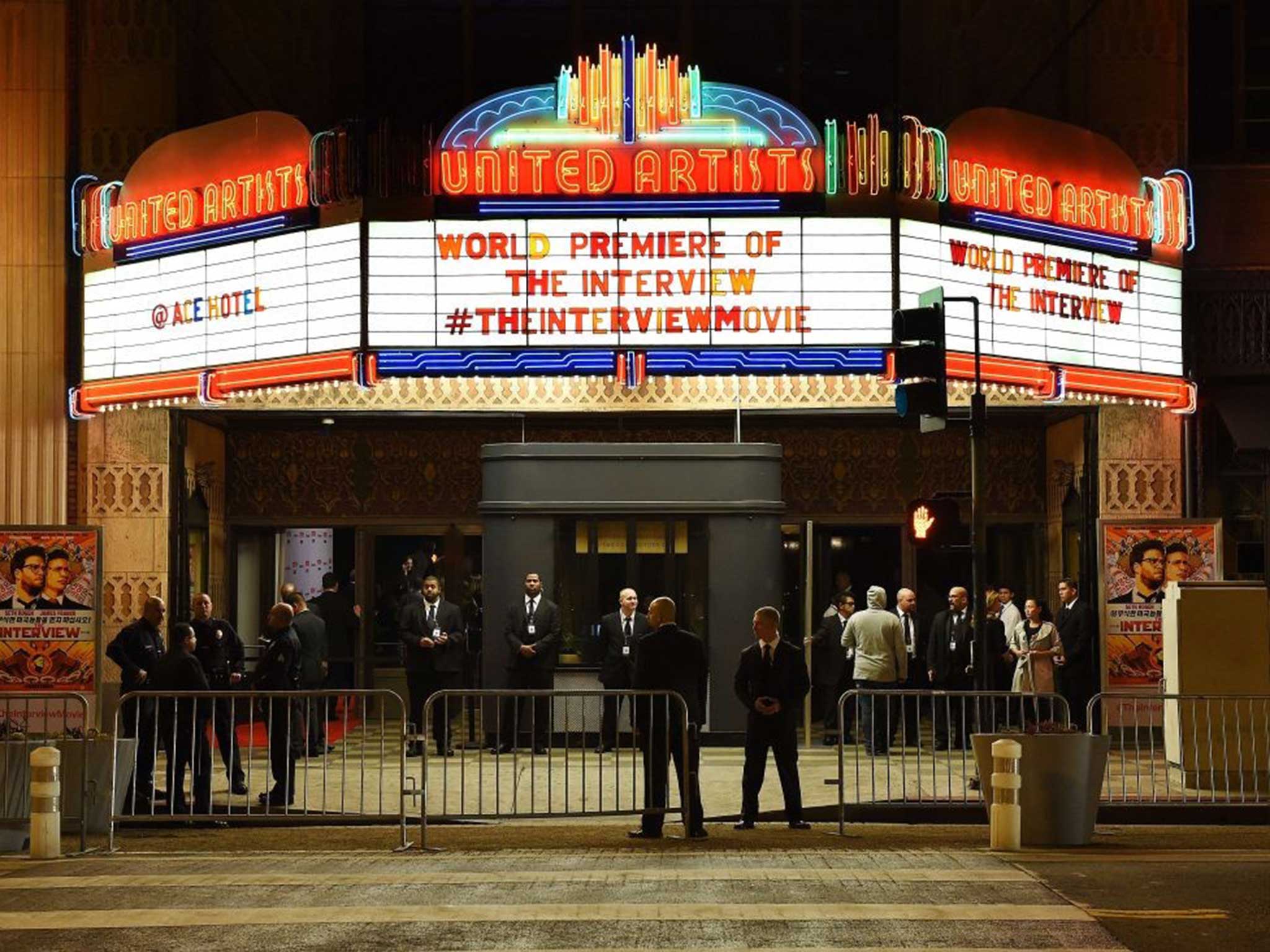 Security is seen outside The Theatre at Ace Hotel before the premiere of the film “The Interview” in Los Angeles, California