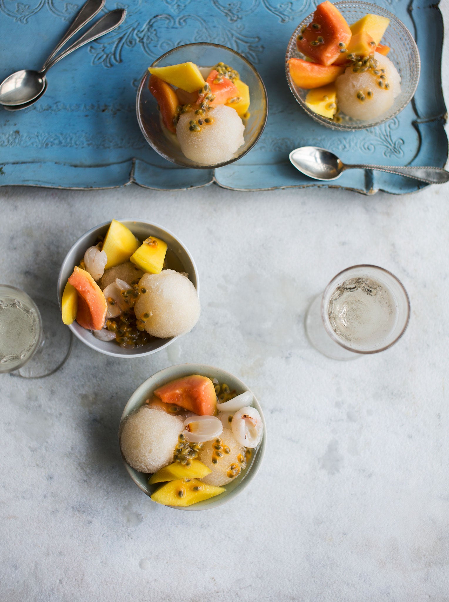 Tropical fruit salad with a lime-and-jasmine tea sorbet