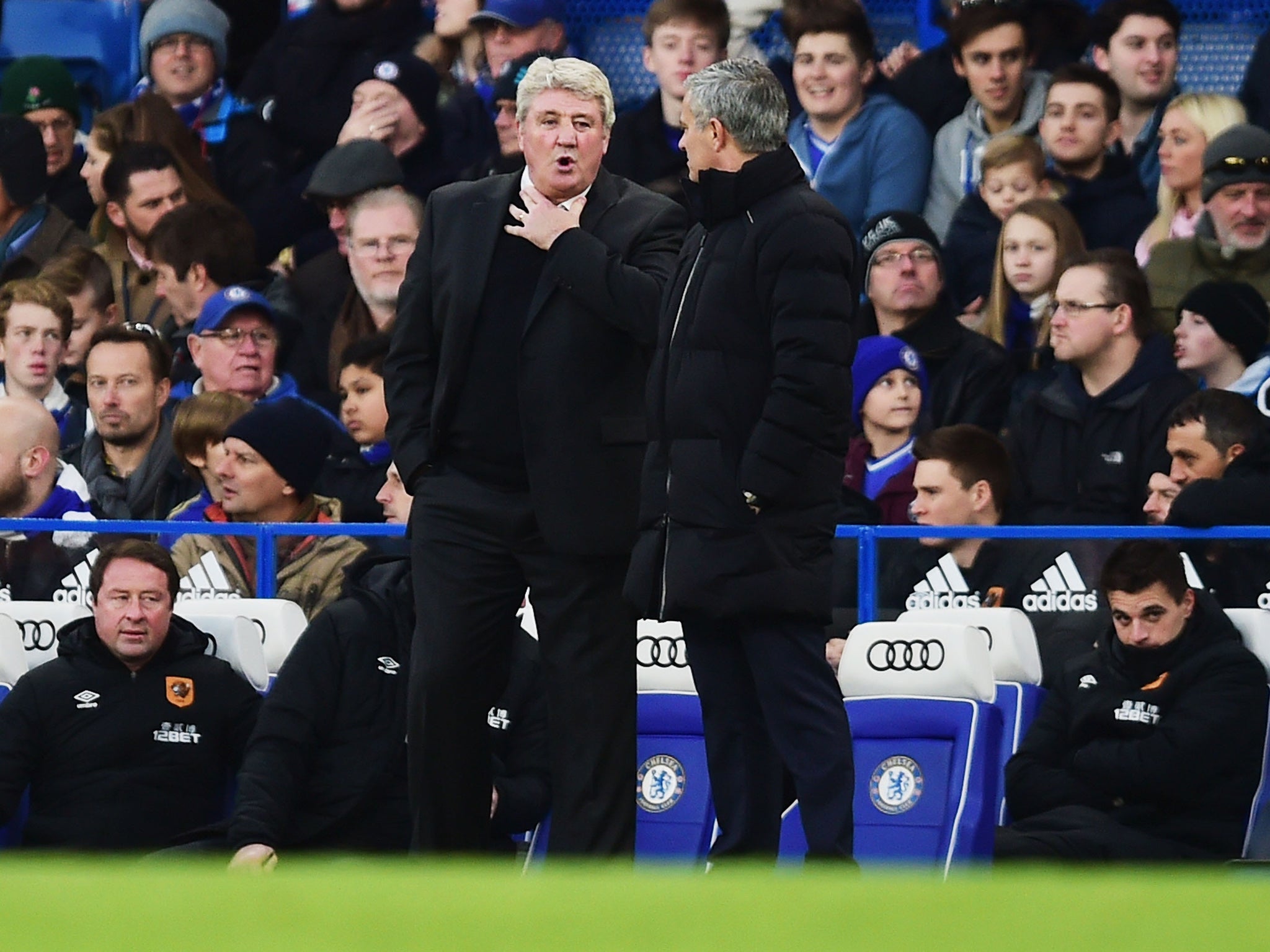 Steve Bruce and Jose Mourinho have words during an ill-tempered game