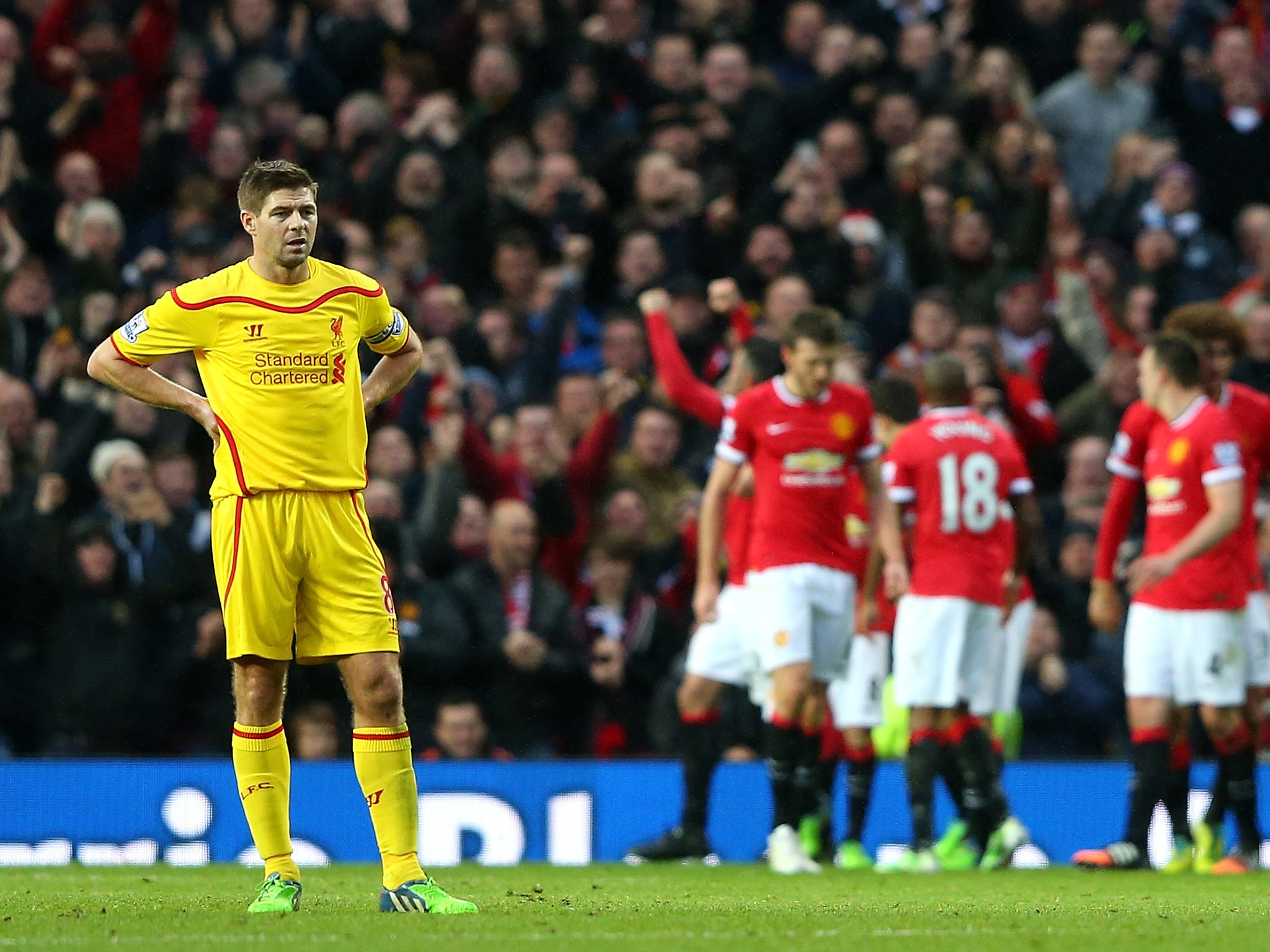 Steven Gerrard pictured during Liverpool's 3-0 defeat to Manchester United at Old Trafford